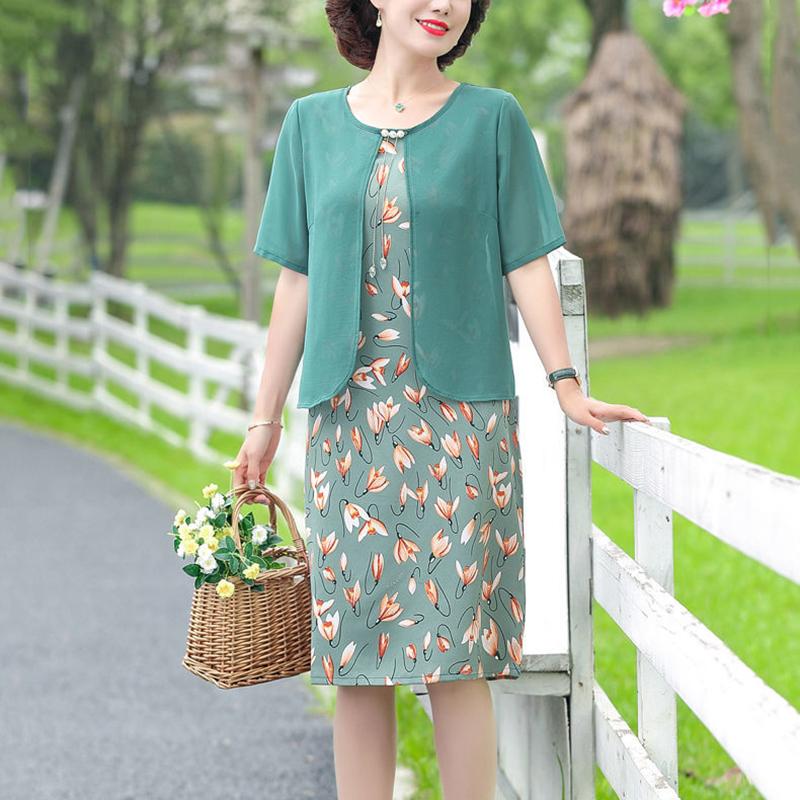 Middle-aged Mother XL-XXXXXL Women's Summer Dress Chiffon Veil Short Sleeve Round Neck Printing