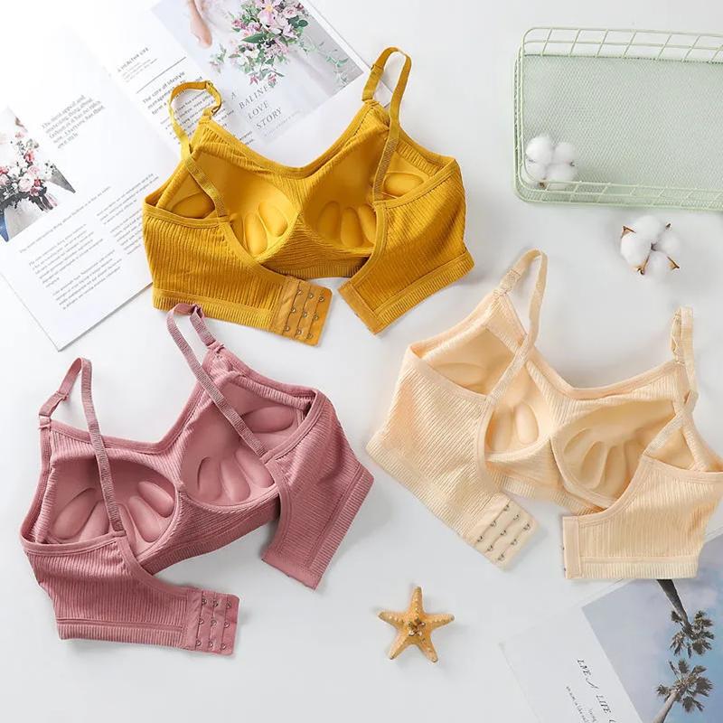 Women's Bra Gathered Underwear Thin Section Female Students Korean Version Camisole Tube Top Without Steel Ring Solid Stripes Briefs Breathable Bra