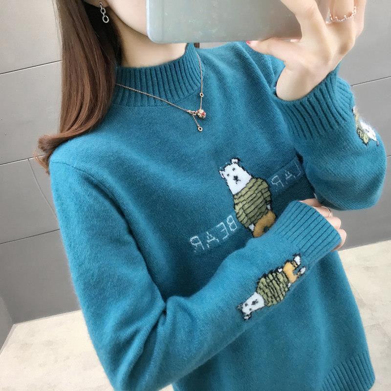 Autumn and Winter Half Turtleneck Sweater Loose Large Size Knitted Bottoming Shirt Jacquard Cute Style Female Top