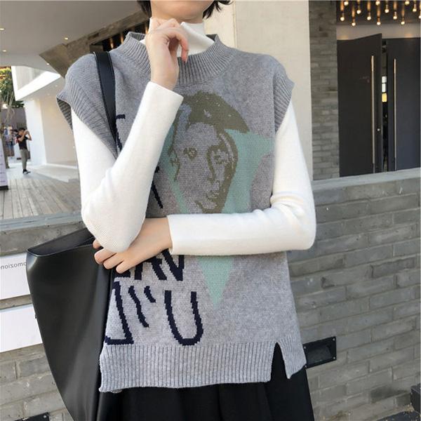 Retro Knitted Casual Vest Women's College Style Loose Waistcoat Outer Wear Autumn and Winter Sleeveless Sweater Avatar Character Top
