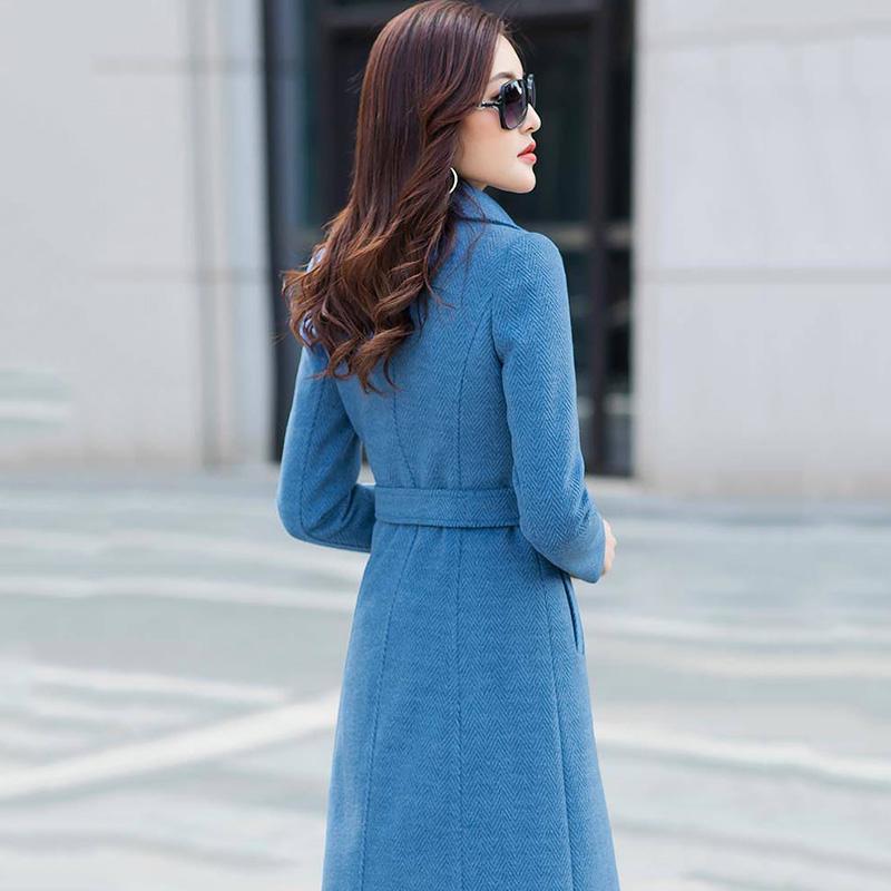 Long Woolen Coat Elegant Blue Wool Jacket with Belt Winter Warm Slim Overcoat Women Clothing