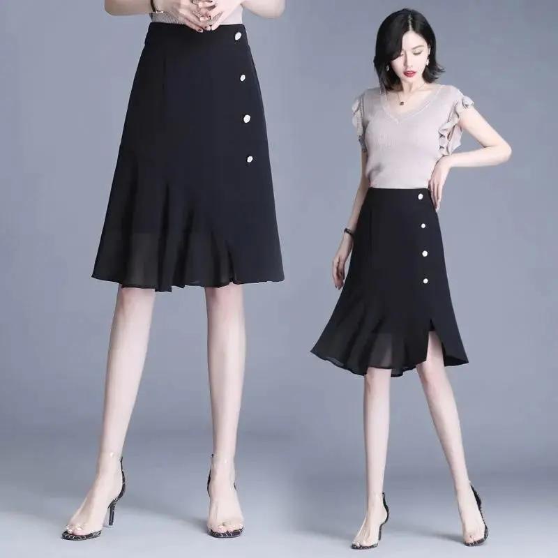 Woman Skirts Summer Casual A-line Skirt Elastic High Waist Loose Knee-length Skirts Female Chiffon Button Black Skirt