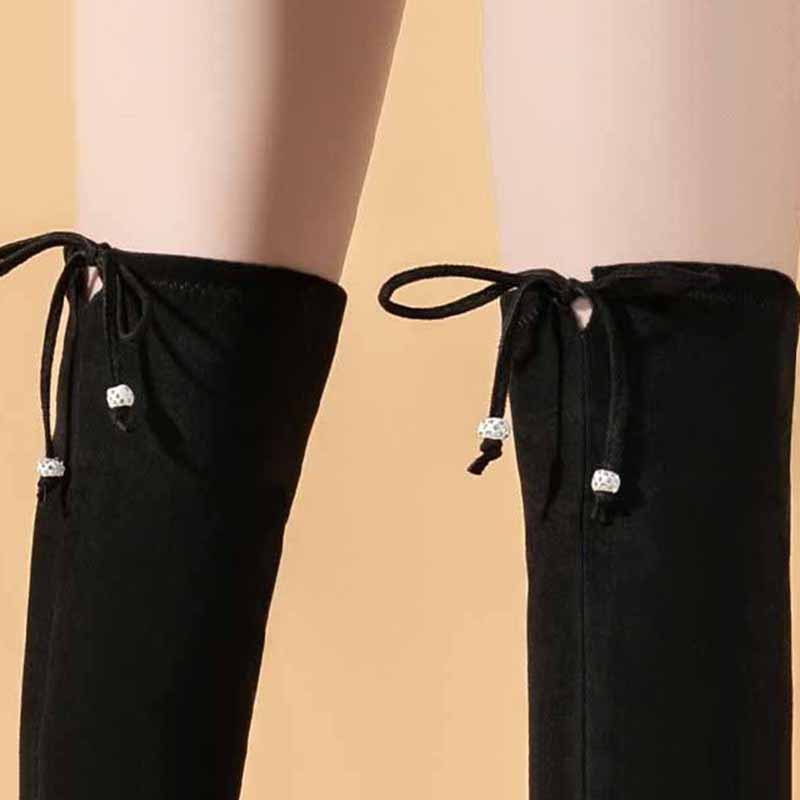 Over-the-knee Boots Women 3cm Suede Flat Bottom and Velvet Lace-up Boots High Boots Knight Boots Women Comfortable