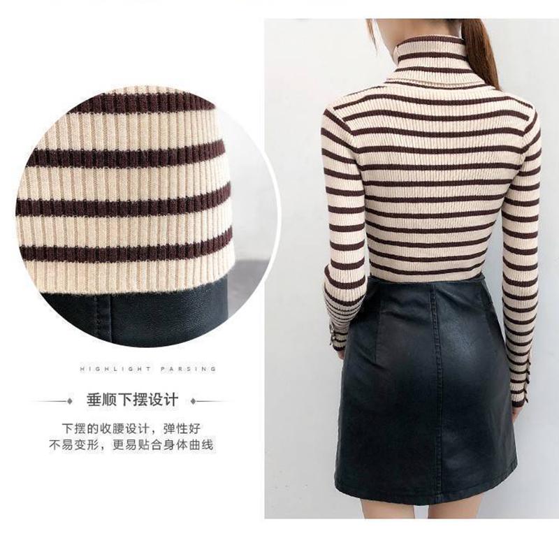 High Neck Women's Sweater Autumn Winter Striped Slim Fit Tight Sexy Long-sleeved Knitted Sweater