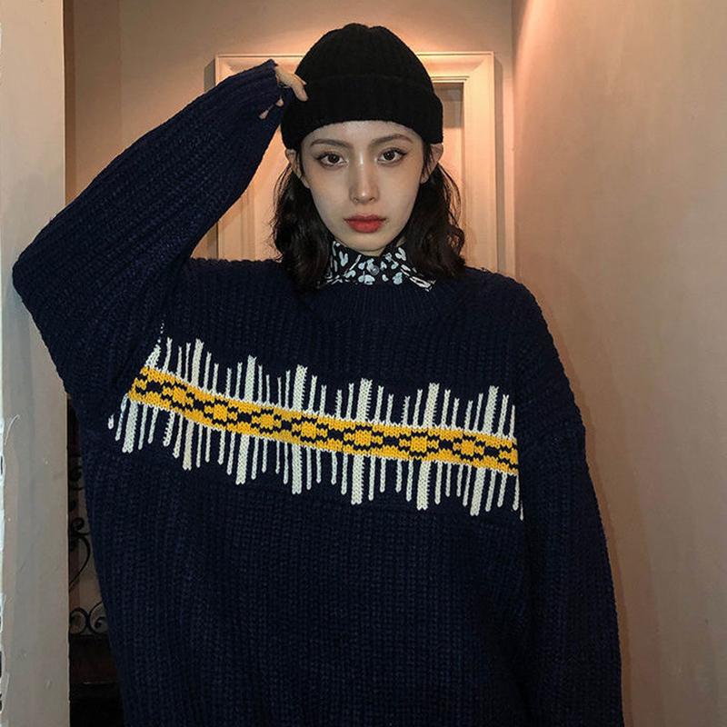Autumn Winter  Women Fashion Sweater Casual Knitting Sweater Color Matching Round Neck Pullovers Loose Casual Long Sleeve Sweater