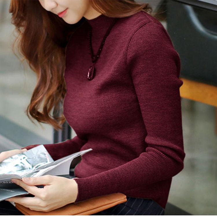 Pofulove Autumn Winter Lined Slim Half-high Collar Black Women's Long Sleeve Skinny Knit Sweater
