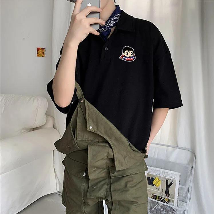 Short-sleeved T-shirt Male Ins Trend Summer T-shirt All-match Lapel  Shirt Leads Loose Young People