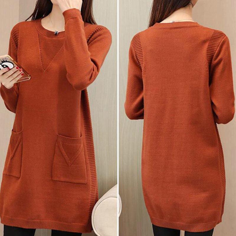 Women's Mid-length Knit Sweater  dress Winter Loose Round Neck Pullover Sweater Thick Knitwear Skirt with Pockets