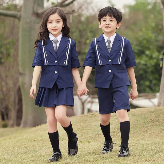 Kids Girls British Style School Uniform Student Uniforms Suit Long Sleeve Coat with Shirt Tie Mini Skirt Set Child Anime Costume