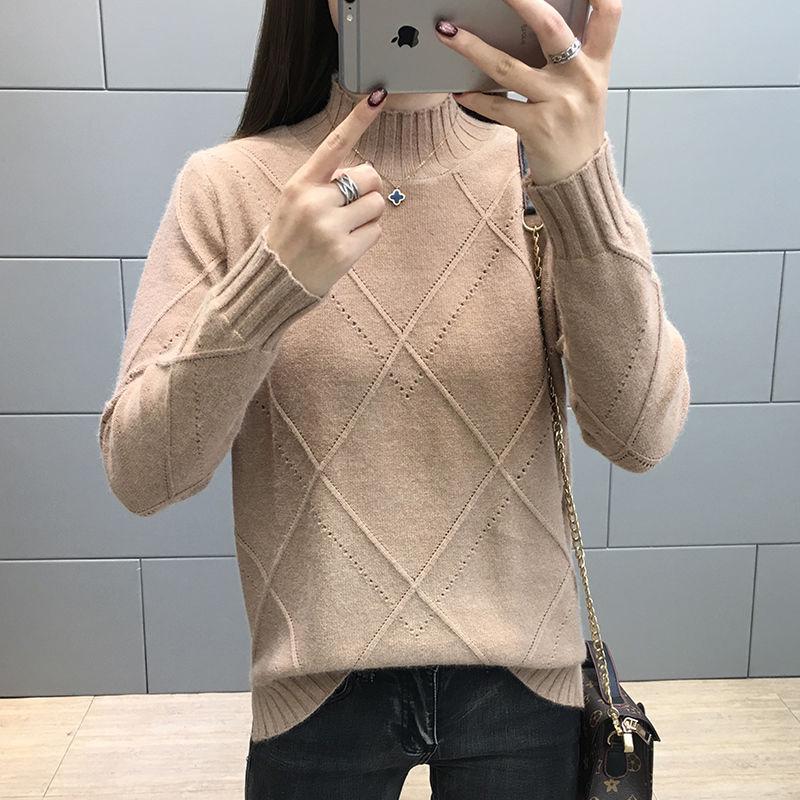 Women Blue Short Long Sleeve Half Turtleneck Pullover Sweater Office Soft Bottoming Shirt