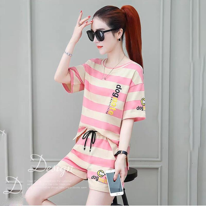 Cotton Striped Sports Suit Women Loose Round Neck Short Sleeve Tethered Shorts Two-piece Running Casual Wear Cute Home Wear Pajamas