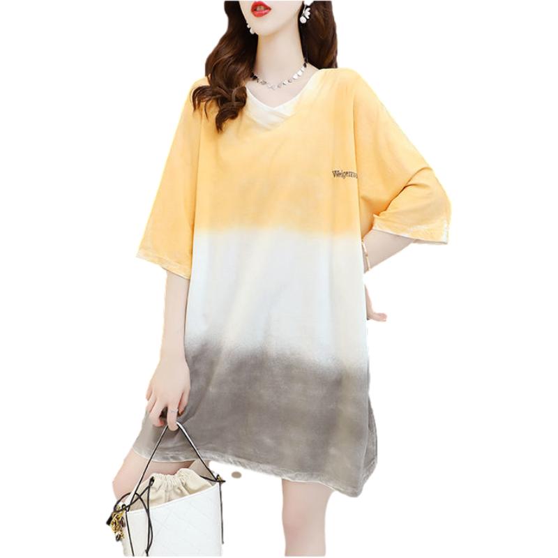 T-shirt Dress Stitching Color Gradient Women Dress Girl Loose V-Neck Batwing Sleeve Casual Long  Big Loose Home Comfort Outer Convenient