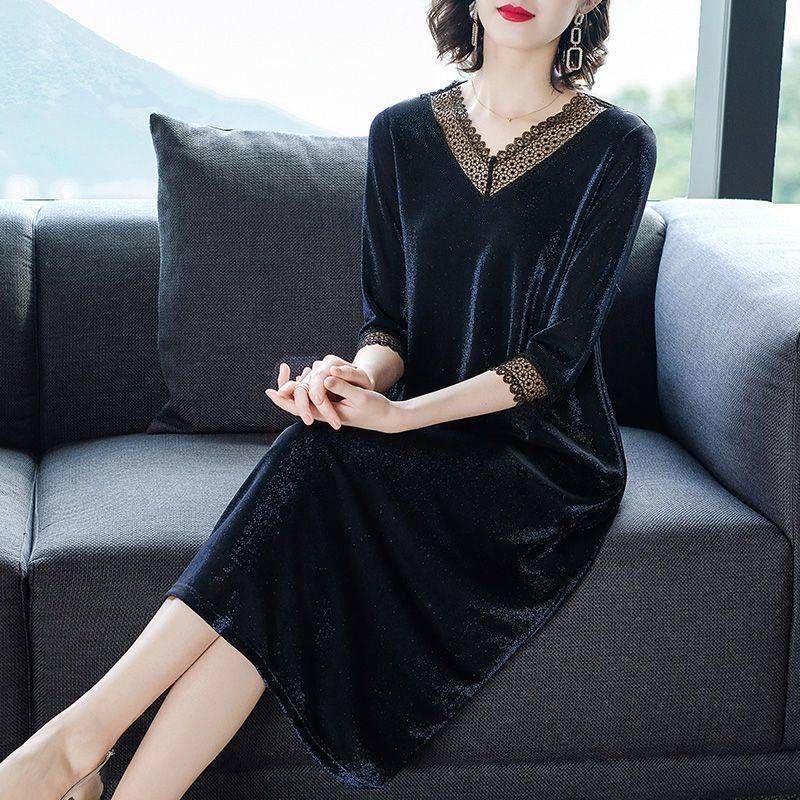 Plus Size Women's Stitching Lace Dress Spring and Summer Half Sleeve Long Skirt Daily Wear