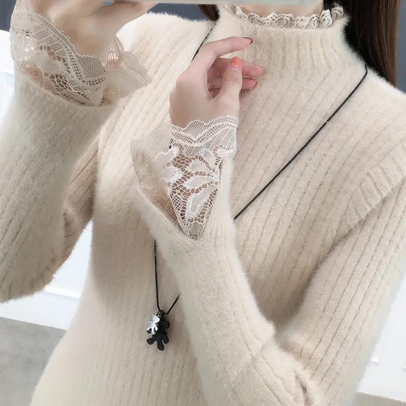 Faux Mink Fleece Turtleneck Sweater Women Fashion Lace Patchwork Pullover Stretch Skinny Knit Bottoming Shirt