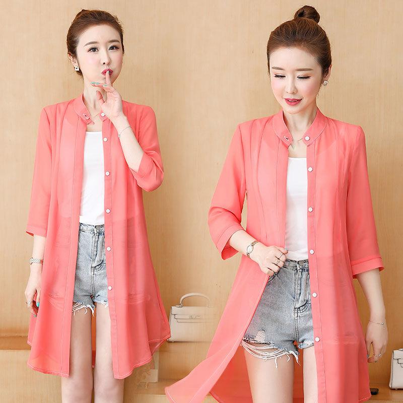 Pure Color Long-sleeved Sun Protection Clothing Women's Mid-length Beach Chiffon Cardigan Thin Coat Fabric Is Light and Breathable