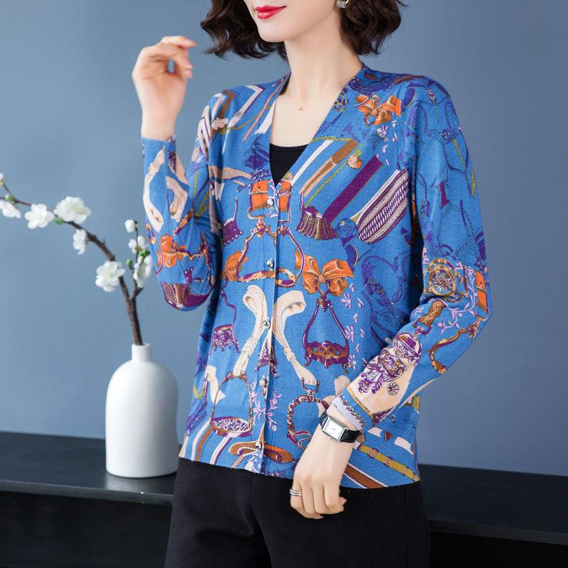 Bohemian Printed Cardigan Women's High-end Thin Short Knitted Jacket Loose Wool Cardigan Plus Size Woollen Sweater Outer Wear