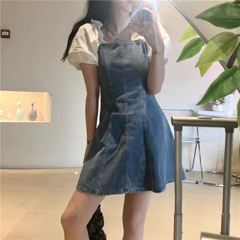 Women's Denim Dress Puff Sleeves Spring and Summer Sexy Short Dress Daily Wear Office Dating Party  A-line Dress