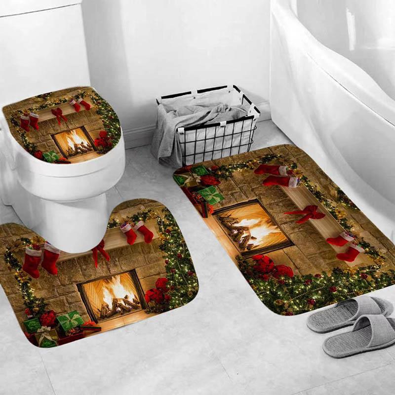 Christmas Bathroom Supplies Christmas Floor Mats Four-piece Toilet Waterproof Shower Curtain Fabric Christmas Shower Curtain Toilet Supplies
