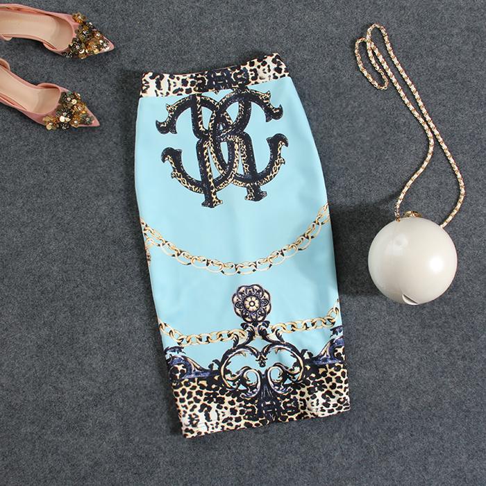 Women Gemetroc Printed  High Waist Elasticity Slim Office Lady Pencil Skirts Summer Cool Breathable  Knee-length Skirt with Slit