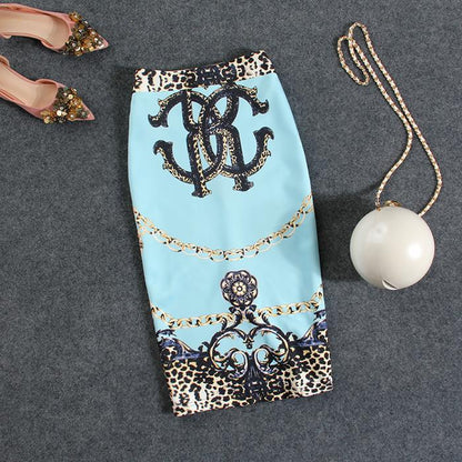 Women Gemetroc Printed  High Waist Elasticity Slim Office Lady Pencil Skirts Summer Cool Breathable  Knee-length Skirt with Slit