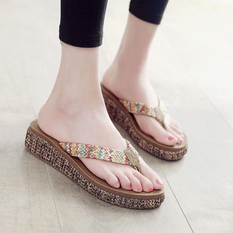 Slippers Female Summer Wear Thick Bottom Flip Flops Ladies Anti-skid Clip Feet Increase Seaside Beach Sandals and Slippers