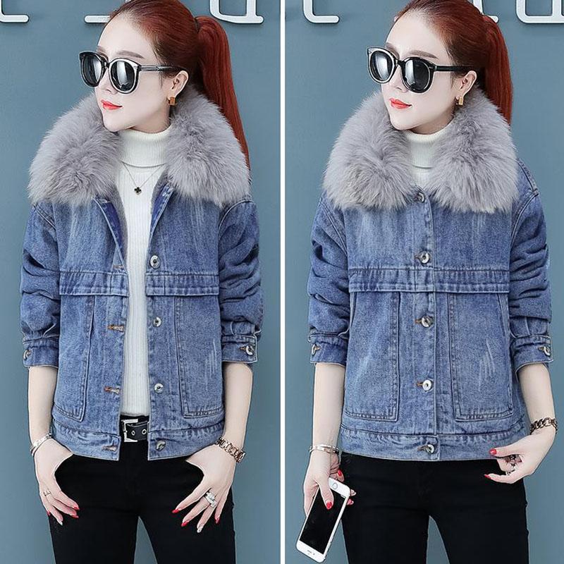 Short Denim Cotton Jacket Female Winter Korean Fashion Loose Plus Velvet Cotton Coat Large Fur Collar Padded Jacket