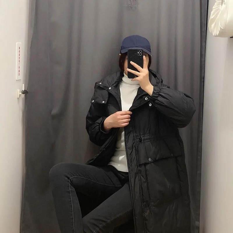 Women's Down Jacket Over-the-knee White Duck Down Mid-length Padded Waist Hooded Jacket