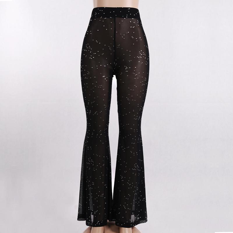 Paillette Trousers Women Shinny Sparkle See Through Pants Summer Streetwear Flare Pants Beach Trousers Casual Ladies Pants