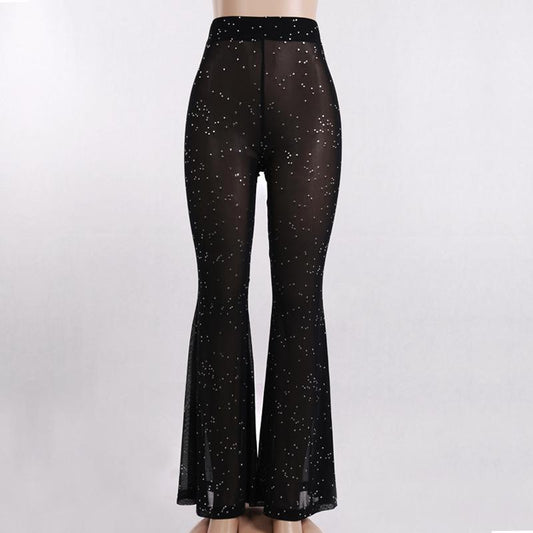 Paillette Trousers Women Shinny Sparkle See Through Pants Summer Streetwear Flare Pants Beach Trousers Casual Ladies Pants