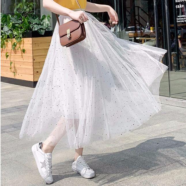 Women's Tulle Plain Pleated Skirt 2020 Pink Beige White Mesh Midi Skirt High Waist Woman Skirts