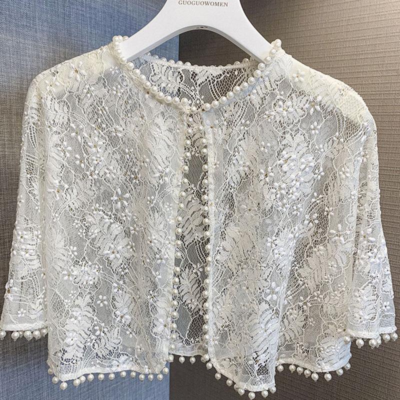 Pearl Trim Lace Cardigan Women Sun Protection Summer Short Solid Color Thin Shawl 1 PCS Elegant Cardigan