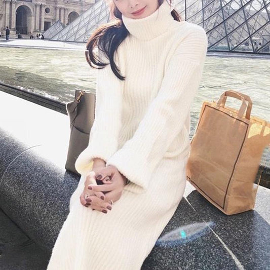 Fall/winter Turtleneck Pullover Skirt Over-the-knee Slim White Bottoming Skirt