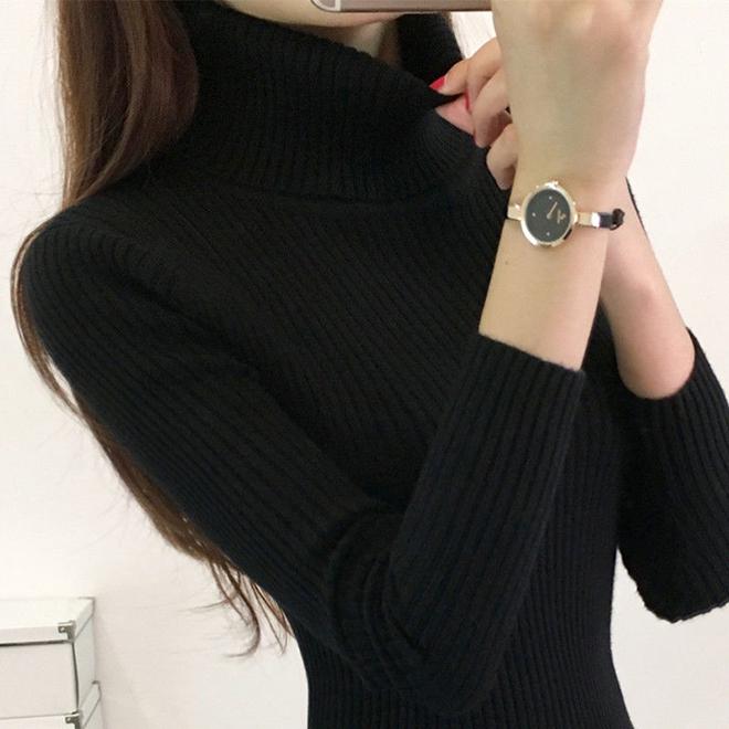 Women Black Warm Turtleneck Pullover Sweater Skinny Thick Pure Knitted Bottoming Shirt Coat