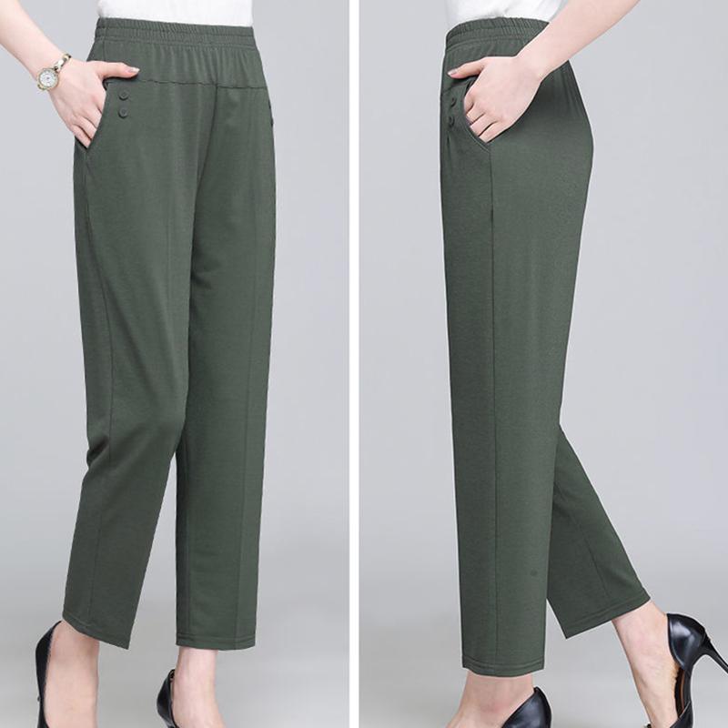 Spring Summer Autumn Thin Mother Middle-aged and Elderly Casual Straight Cropped Trousers Loose High Waist Elastic Waist Women
