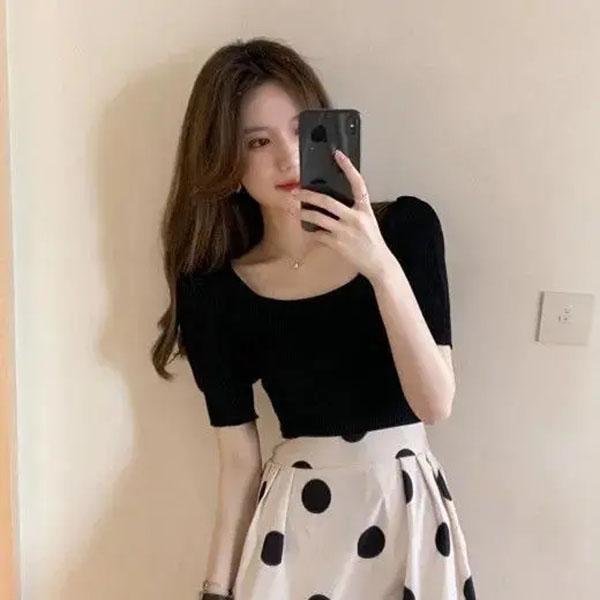 Classic French Suit Women's White Polka Dot Dress Square Collar Black Short-sleeved Top Big Swing A-line Skirt Two-piece Set