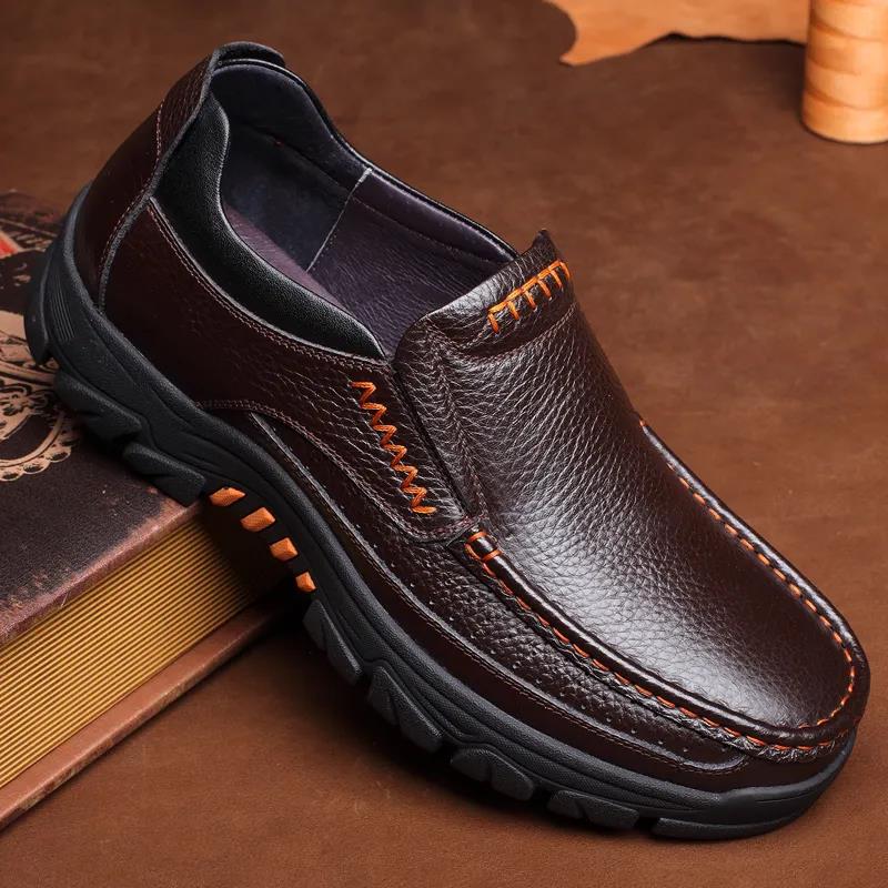 38-46 Men's Large Size Casual Comfortable Genuine Cow Leather Shoes Business Men Solid Color Soft Sole Flat Shoes