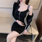 2PCS Women's Autumn Striped Sports Suit Ladies Sexy Waist Hip Skirt + Thin Long Sleeve Jacket Two-piece Skirt Suit Girls Leisure Travel Suit