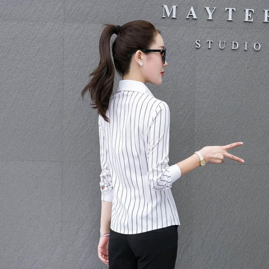 White Striped Shirt Blouse Professional Long-sleeved Short-sleeved Tops Suits Shirts Stand-up Collars Striped Shirts Work Clothes