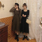 French Dress Korean Style Mid-length Long-sleeved Square Neckline Mesh  Receiving Waist Slim Skirt