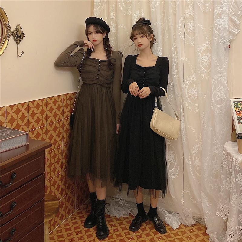 French Dress Korean Style Mid-length Long-sleeved Square Neckline Mesh  Receiving Waist Slim Skirt