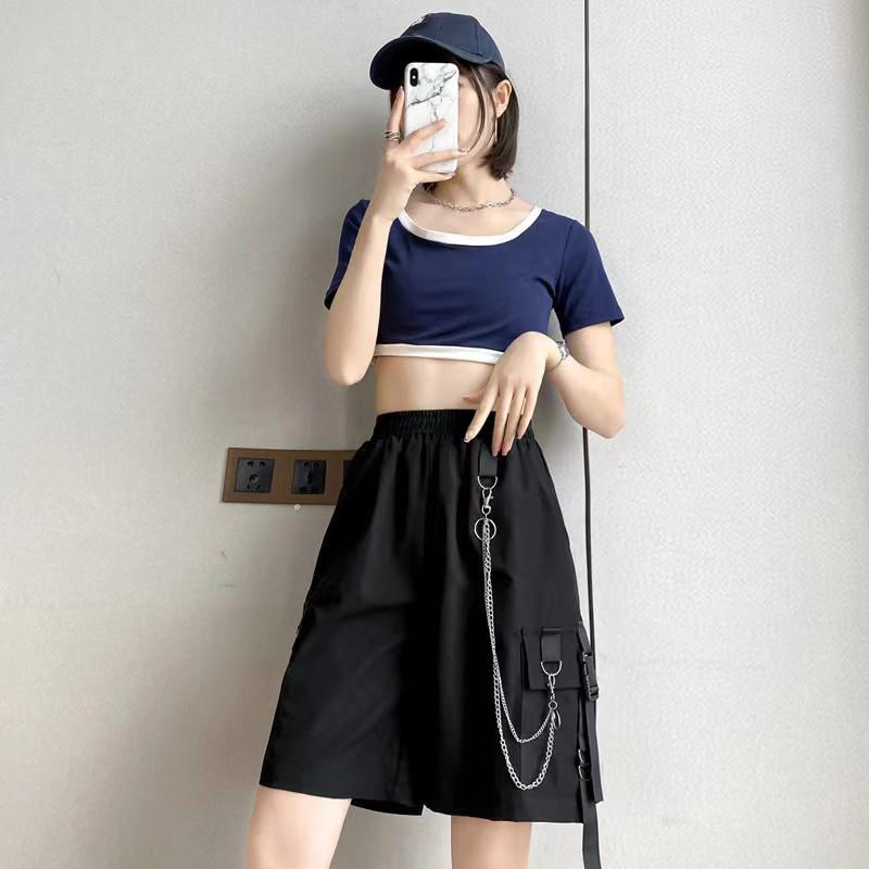 Overalls Shorts Female Summer Student Street Hip-hop Loose Punk Shorts All-match Straight High-waisted Five-point Wide-leg Pants Unisex