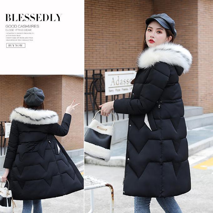 Women's Mid-length Cotton-padded Jacket Over-knee Fluffy Big Fur Collar Hooded Down Jacket Waist Was Thinner and Thick Winter Padded Jacket