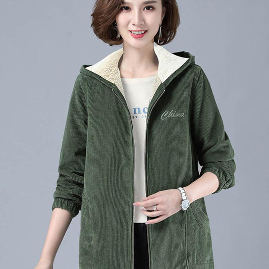 Corduroy Plus Velvet Padded Short Coat Women's Autumn and Winter Mothers Wear Loose Warm Lamb Wool Coat