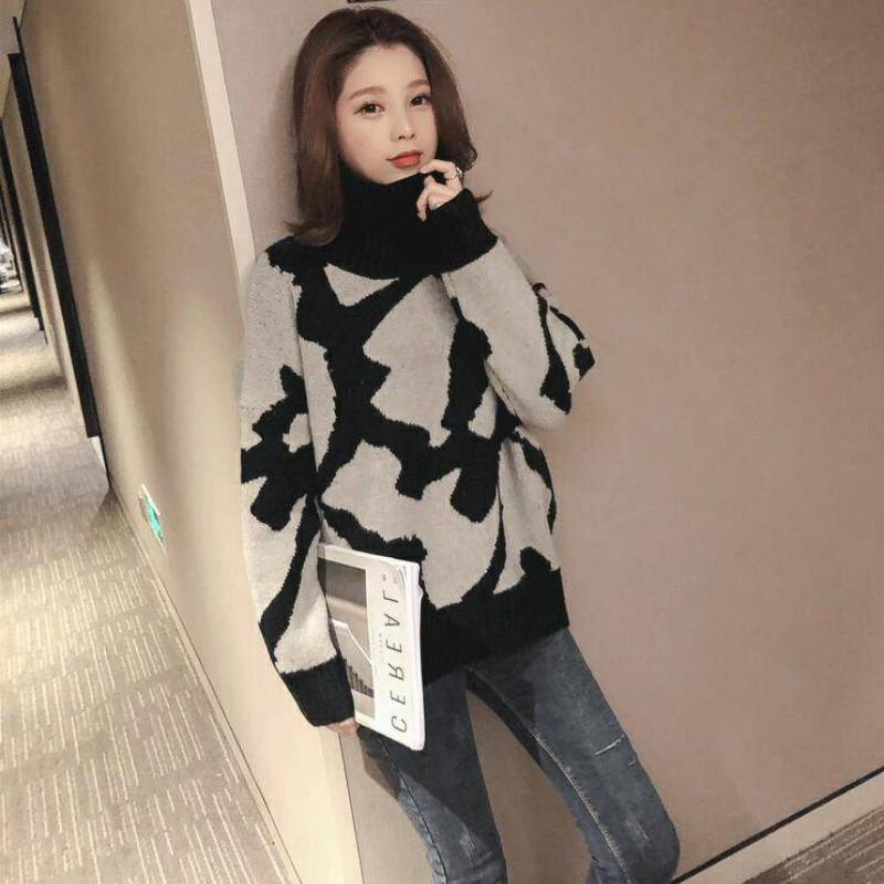 Women Knitted Sweaters Puff Printed Long Sleeve Loose Fit Pullover Leopard Winter Ladies Tops