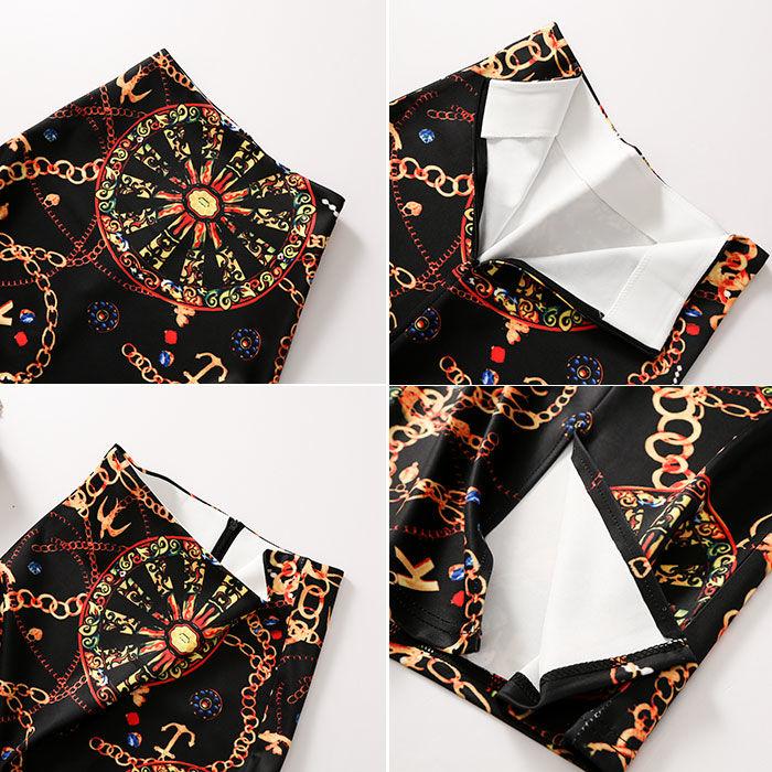 European Women Autumn Print Pencil Skirt High Stretch  Midi Slipt Hip Skirt Female
