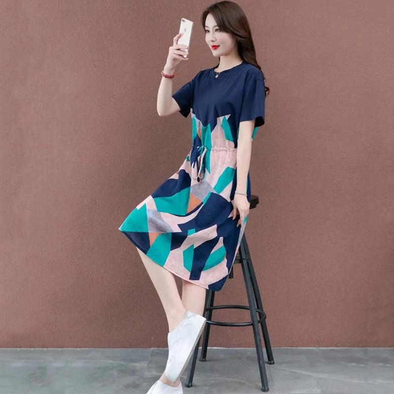 Fashion Summer Maxi Dress Women's Printed Sundress Casual Short Sleeve Female High Waist Robe