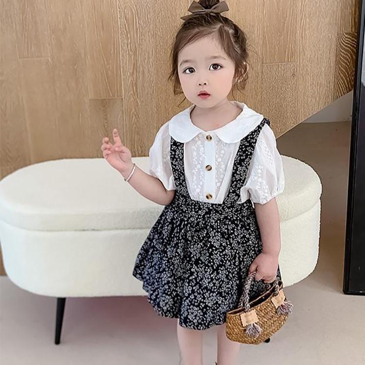 2PCS Children Clothing Set Spring Summer Girls Suits Broken Flowers Short Sleeve Tops + Braces Skirt Clothing Set