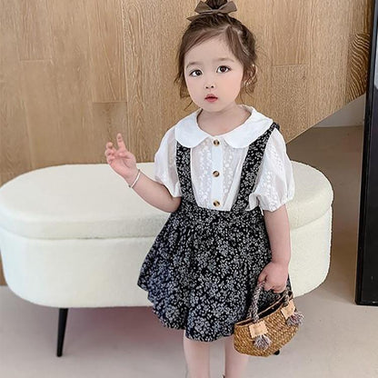 2PCS Children Clothing Set Spring Summer Girls Suits Broken Flowers Short Sleeve Tops + Braces Skirt Clothing Set