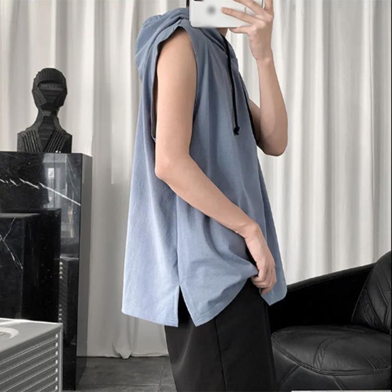 Summer Solid Color Hooded Vest Men's Trendy Loose Waistcoat Slit All-match Sports Hoodie Vest