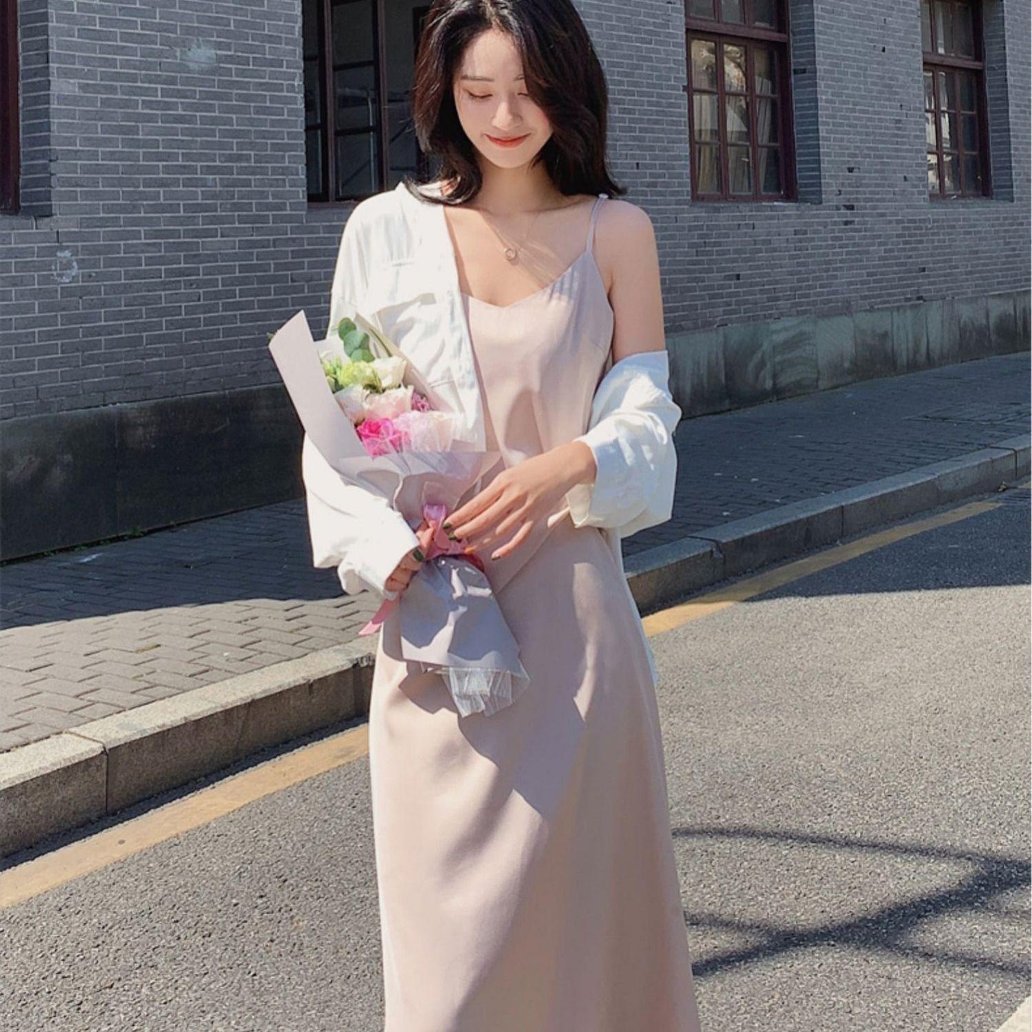 Female Summer V-neck Satin Medium Length Simple Casual Light Mature Style Korean Elegant One Piece Bottom Strap Dress